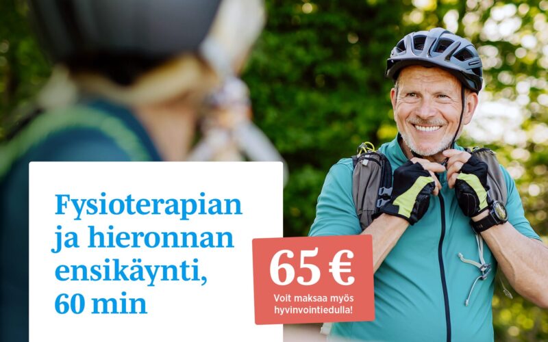 coronaria fysioterapian ja hieronnan ensikäynti mies ulkona pyöräilykypärä päässä