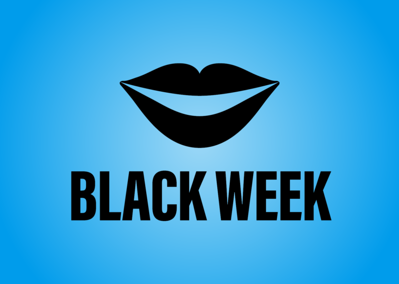 Sininen tausta, jossa musta suuikoni ja teksti Black Week.