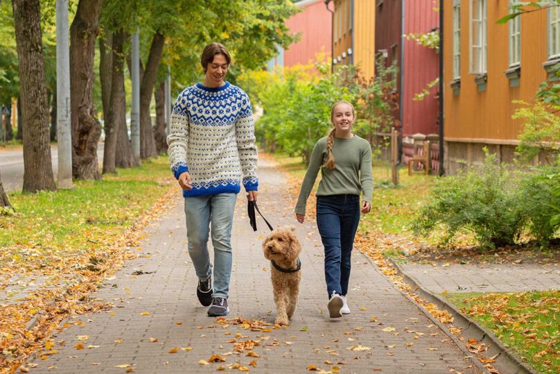 Teinipoika ja -tyttö kävelyllä koiran kanssa