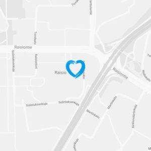 Google maps karttakuva Coronaria kuntoutus- ja terapiapalvelut Raision toimipisteen sijainnista.