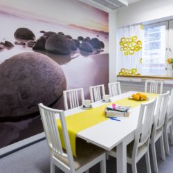 Coronaria kuntoutus- ja terapiapalvelut Oulun toimipisteen terapiahuone, jossa iso valkoinen pöytä ja hieno rantamaisemalla varustettu seinä.