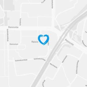 Google maps karttakuva Coronaria kuntoutus- ja terapiapalvelut Raision toimipisteen sijainnista.
