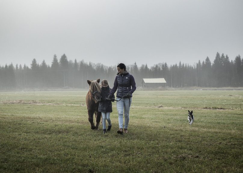 Tyttö ja nainen taluttaa ponia syksyisellä pellolla ja koira juoksee vierellä.