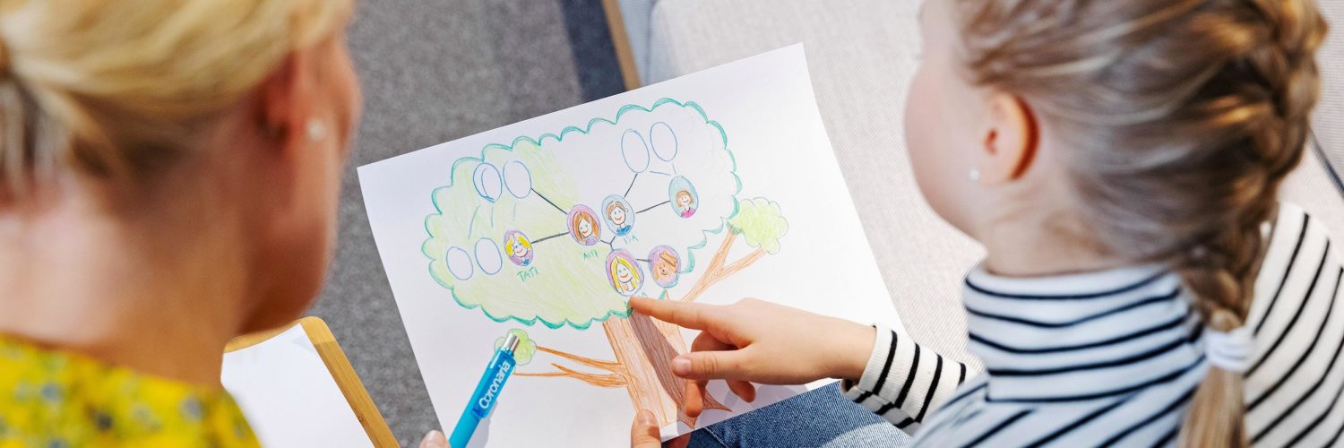 Naispsykiatri ja lapsiasiakas tutkivat yhdessä lapsen tekemään piirrosta.