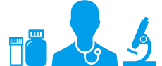 Sininen ikoni, jossa purkkeja, lääkäri ja mikroskooppi
