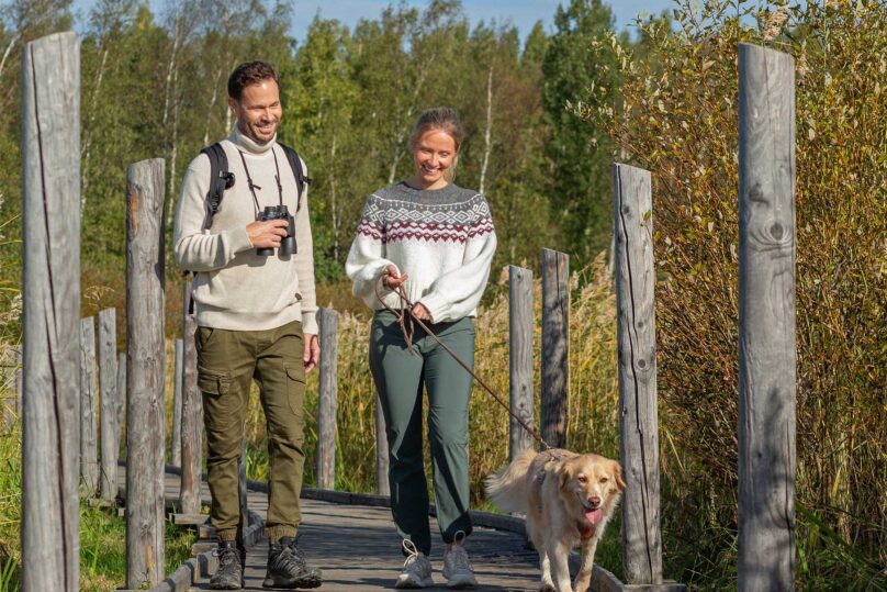 mies ja nainen ja koira kävelevat ulkona coronaria kuntoutuksessa